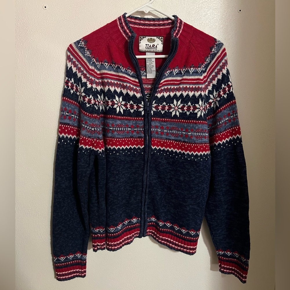 TIARA INTERNATIONAL Vintage Fair Isle Full Zip Cardigan Sweater Red Blue Wms L
